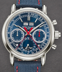 Perpetual Ref 5204G Calendar 40mm in White Gold on Blue Fabric Strap with Blue Dial