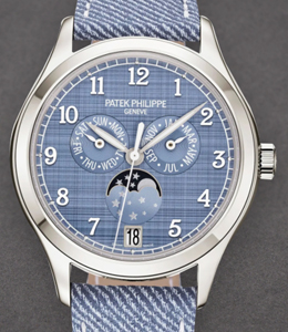 Annual Calendar Ref 4946G 38mm in White Gold on Blue Denim Pattern Calfskin Strap with Chestnut Blue Dial