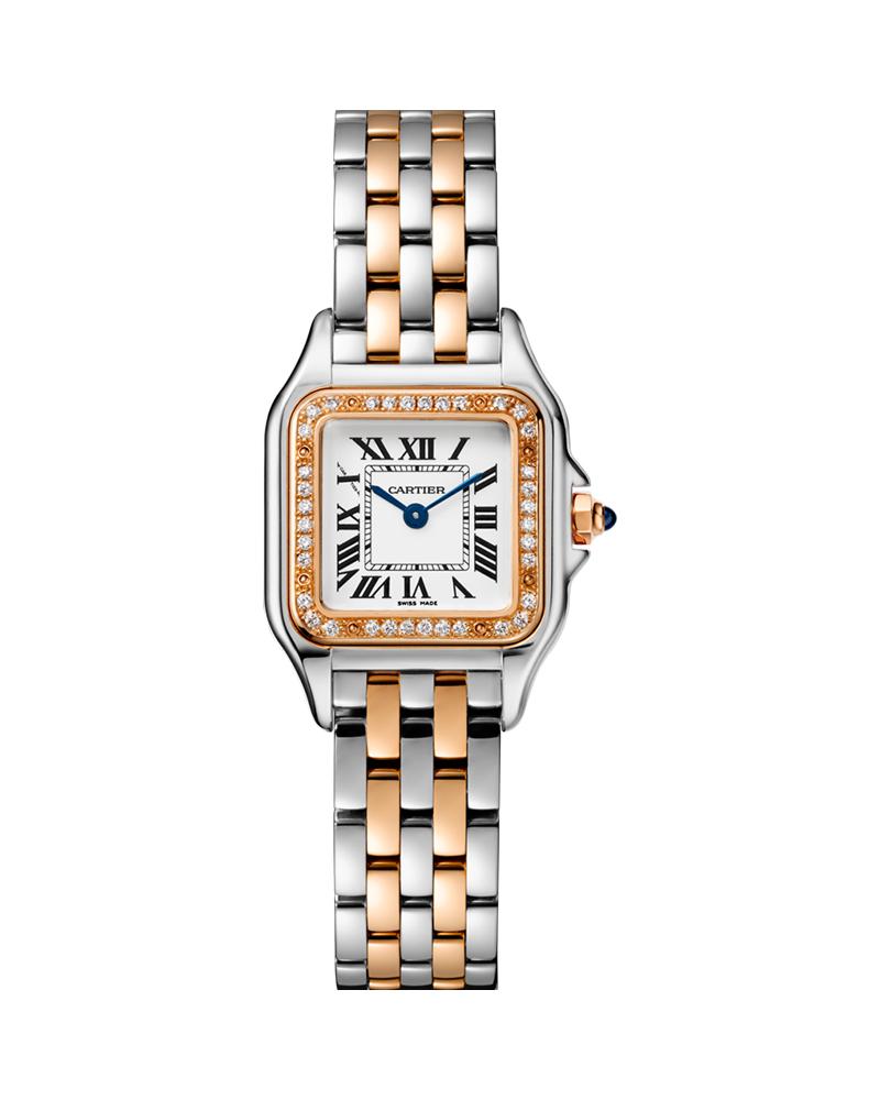 Panthere de Cartier Medium in Steel with Rose Gold Diamond Bezel on 2-Tone Bracelet with Silver Dial
