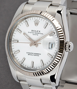 Date 34mm in Steel with White Gold Fluted Bezel on Oyster Bracelet with White Index Dial