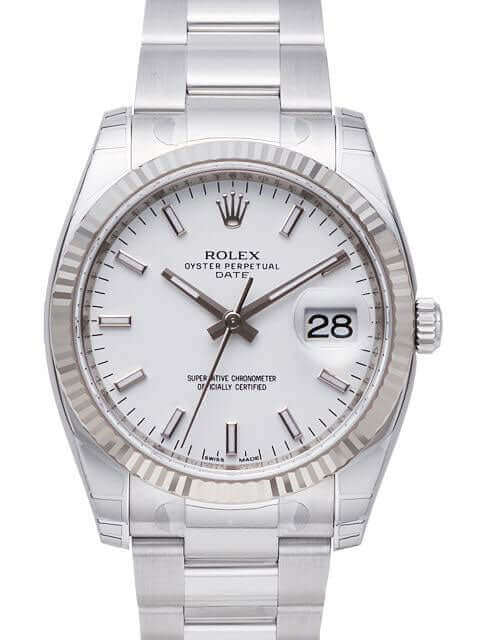 Date 34mm in Steel with White Gold Fluted Bezel on Oyster Bracelet with White Index Dial