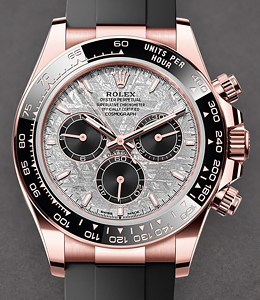 Daytona Cosmograph in Rose Gold with Black Bezel on Black Oysterflex Rubber Strap with Meteorite Dial