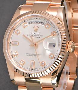 Presidential Day-Date 36mm in Rose Gold with Fluted Bezel on Oyster Bracelet with Silver Diamond Dial