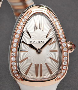 Serpenti 27mm in Steel with Rose Gold Diamond Bezel on Steel and Rose Gold Twirl Bracelet with Silver Dial