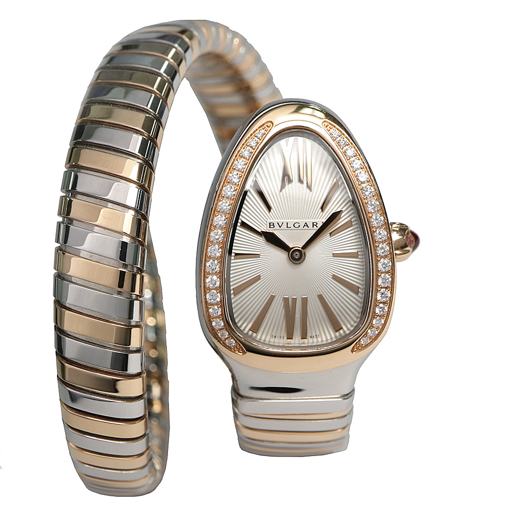 Serpenti 27mm in Steel with Rose Gold Diamond Bezel on Steel and Rose Gold Twirl Bracelet with Silver Dial