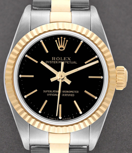 Oyster Perpetual No Date 26mm in Steel with Yellow Gold Fluted Bezel on Oyster Bracelet with Black Stick Dial