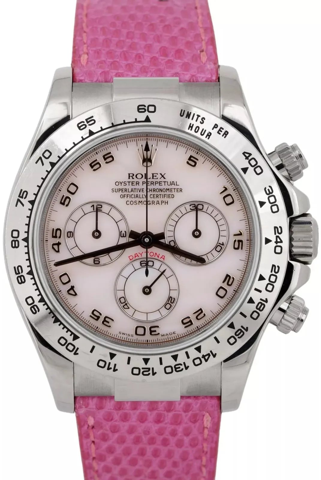 Daytona Cosmograph 40mm in White Gold on Pink Crocodile Leather Strap with Pink MOP Arabic Dial