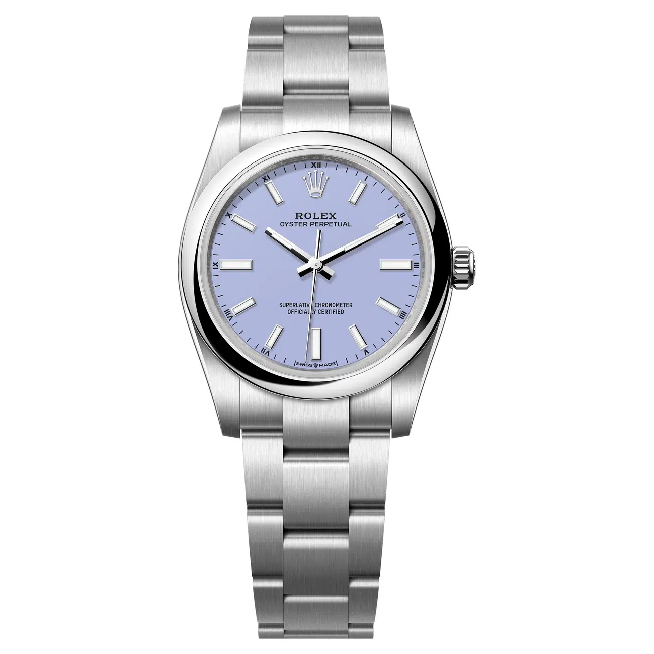 Oyster Perpetual 34mm in Steel with Smooth Bezel on Oyster Bracelet with Lavender Index Dial