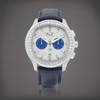 Polo Men's Chronograph in White Gold with Diamond Bezel on Blue Alligator Leather Strap with Pave Diamond Dial