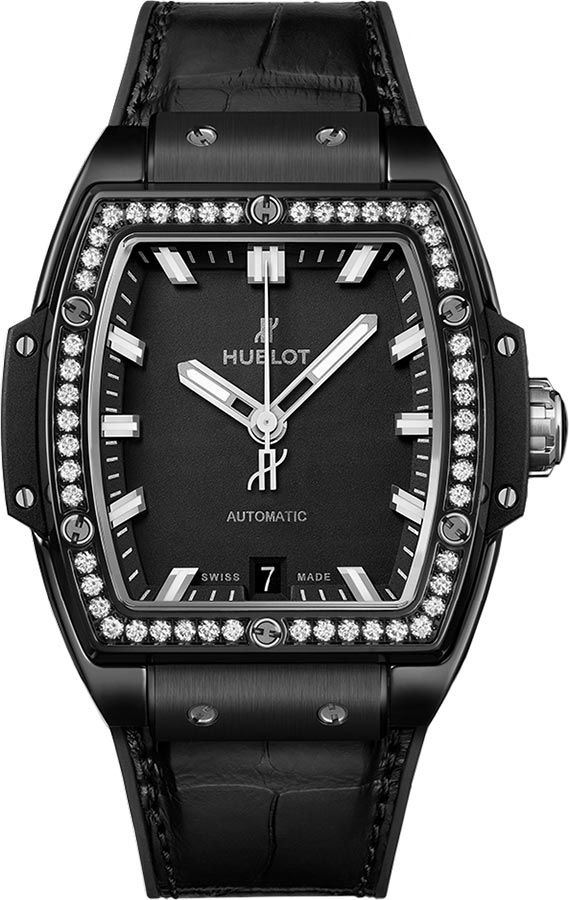 Spirit of Big Bang 39mm in Black Ceramic with Diamond Bezel on Black Alligator Leather Strap with Black Dial