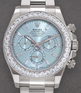 Daytona Cosmograph in Platinum with Baguette Diamond Bezel on Platinum Oyster Bracelet with Ice Blue Diamond Dial