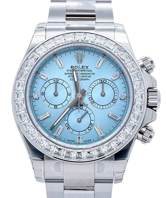 Daytona Cosmograph in Platinum with Baguette Diamond Bezel on Platinum Oyster Bracelet with Ice Blue Diamond Dial
