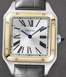 Santos Dumont LArge in Steel with Yellow Gold Bezel on Grey Crocodile Leather Strap with Silver Dial