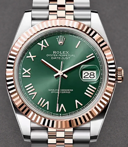 Datejust 41mm in Steel with Rose Gold Fluted Bezel on Jubilee Bracelet with Green Roman Dial