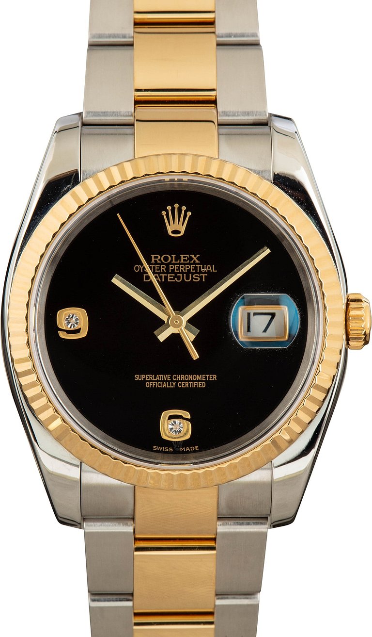 Datejust 36mm in Steel with Yellow Gold Fluted Bezel on Oyster Bracelet with Black Onyx Dial