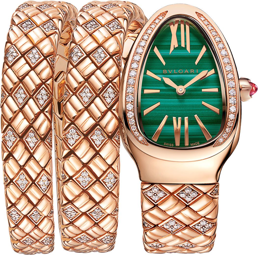 Serpenti Spiga 35mm in Rose Gold with Diamond Bezel on Rose Gold Diamond Bracelet with Malachite Dial
