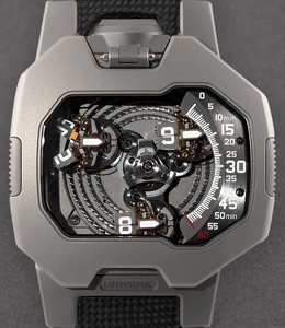 UR-120 Spock 47mm in Titanium on Black Leather Strap with Skeleton Dial