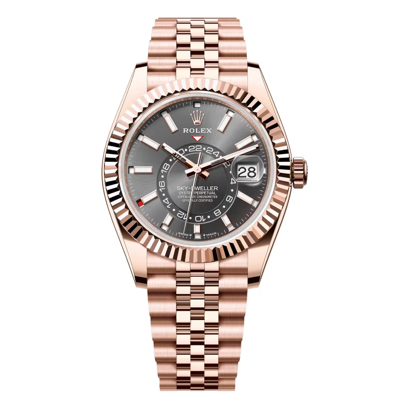 Sky Dweller 42mm in Rose Gold with Fluted Bezel on Jubilee Bracelet with Rhodium Stick  Dial