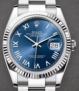 Datejust 36mm in Steel with White Gold Fluted Bezel on Oyster Bracelet with Blue Roman Dial