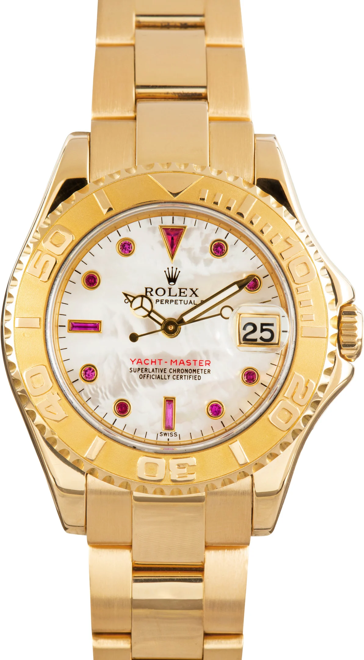 Yacht-master Mid Size 35mm in Yellow Gold on Oyster Bracelet with MOP Red Ruby Dial