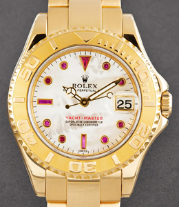 Yacht-master Mid Size 35mm in Yellow Gold on Oyster Bracelet with MOP Red Ruby Dial