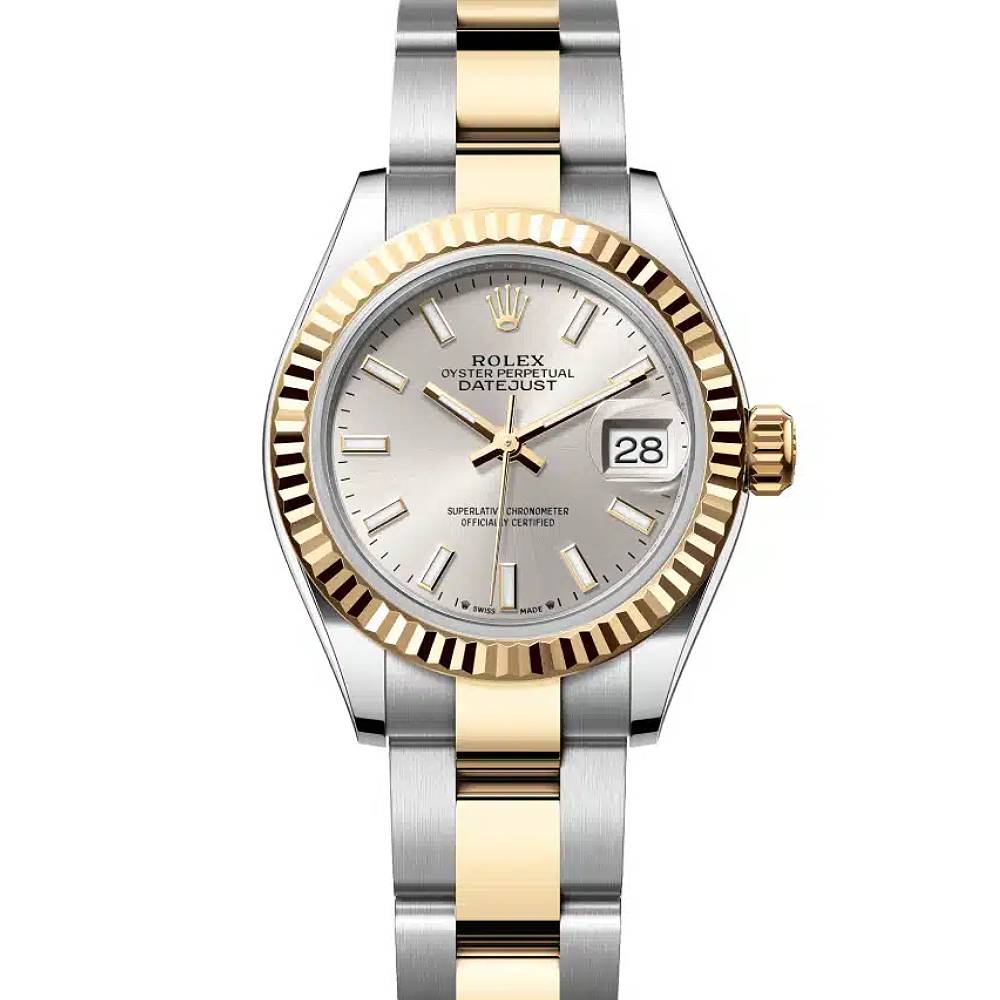 Datejust 26mm in Steel with Yellow Gold Fluted Bezel on Oyster Bracelet with Silver Stick Dial