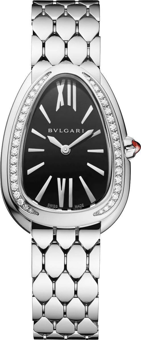 Serpenti 33mm Quartz in Steel with Diamond Bezel on Steel Bracelet with Black Dial