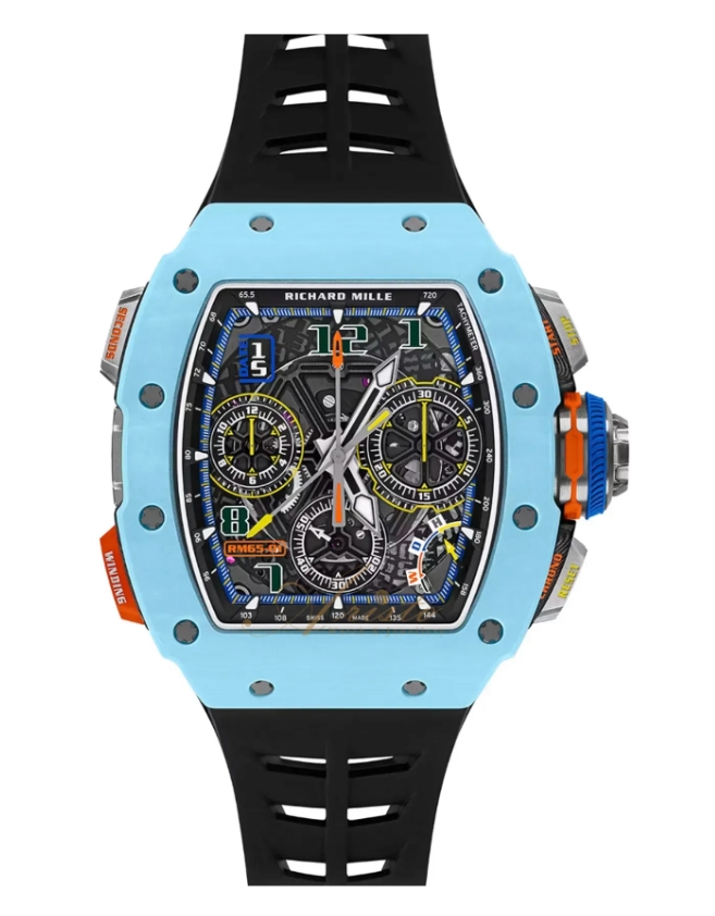 RM 65-01 Split-seconds Chronograph in Carbon Tpt on Black Rubber Strap with Skeleton Dial