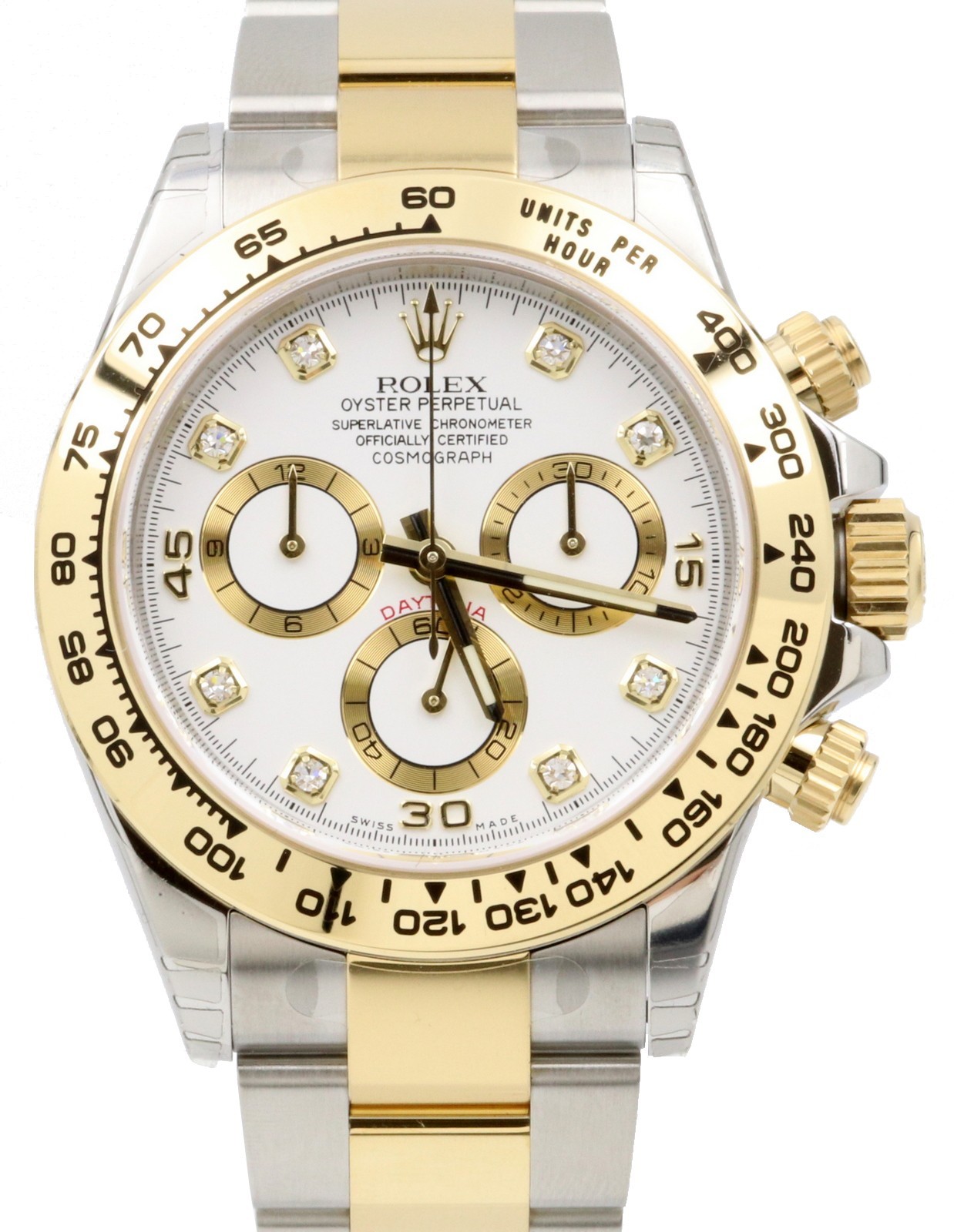 Daytona 40mm in Steel with Yellow Gold Bezel on Oyster Bracelet with White Diamond Dial 