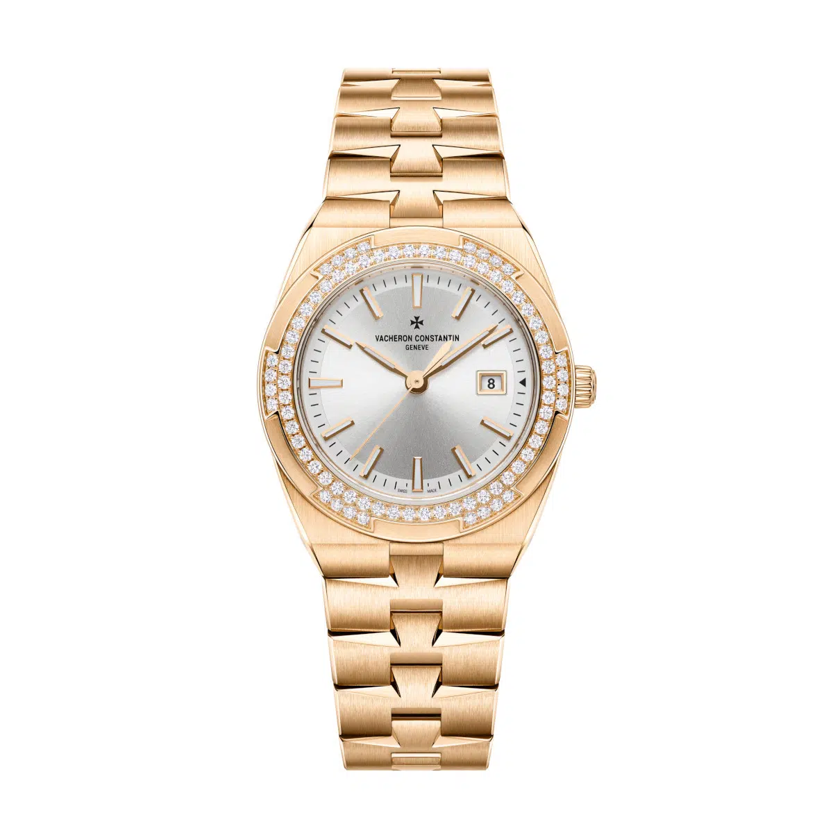 Overseas Quartz 33mm in Rose Gold with Diamond Bezel On Rose Gold Bracelet with Silver Dial