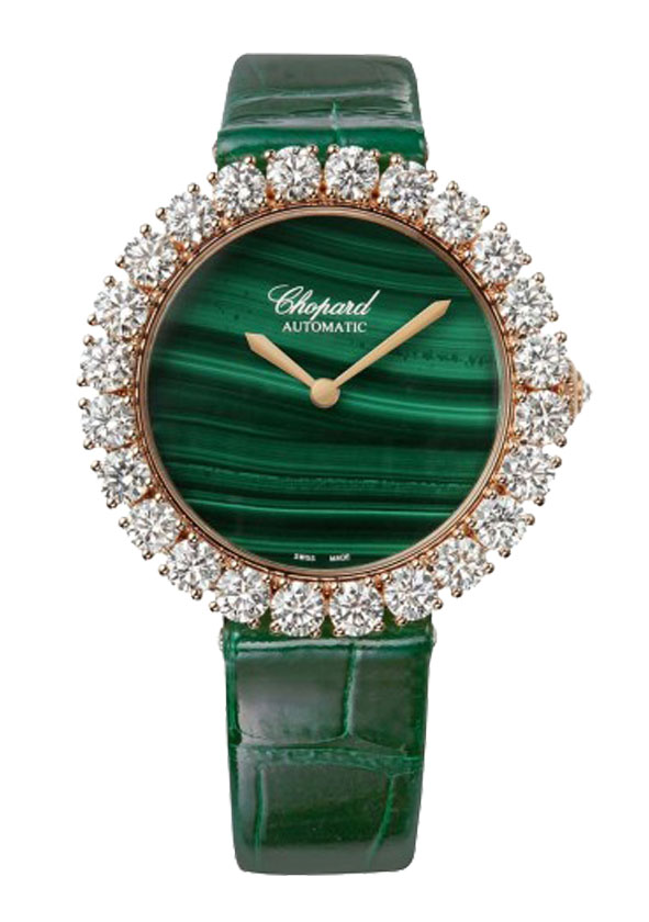 Chopard L'Heure du Diamant 36mm in Rose Gold with Diamond Bezel on Green Alligator Leather Strap with Green Dial