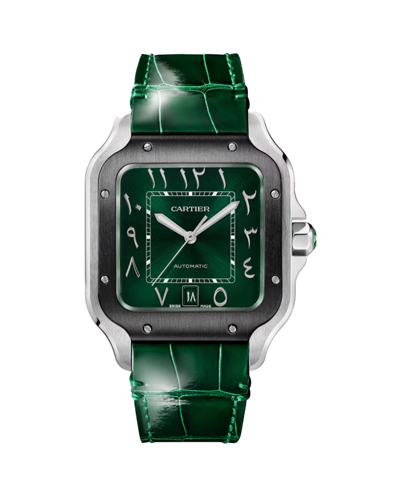 Santos Large 39.8mm Automatic in Steel on Green Crocodile Leather Strap with Green Arabic Dial
