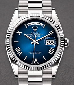 President 36mm Day Date in White Gold with Fluted Bezel on President Bracelet with Blue Ombre Roman Dial