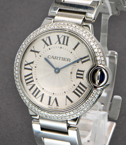36mm Ballon Bleu with Custom Added Diamond Bezel on Steel Bracelet with Silver Roman Dial