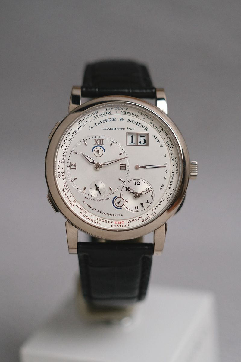 Lange 1 Timezone in White Gold On Black Alligator Leather Strap with Silver Dial MDMK Case Back