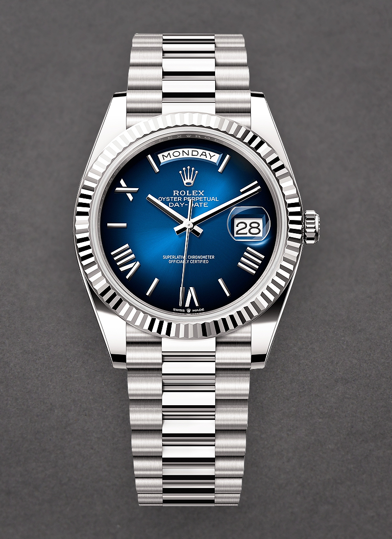 President Day Date 40mm in White Gold with Fluted Bezel on President Bracelet with Blue Ombre Roman Dial