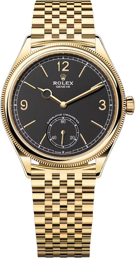 Cellini 52508 in Yellow Gold with Domed and Fluted Bezel on Yellow Gold Bracelet with Black Dial