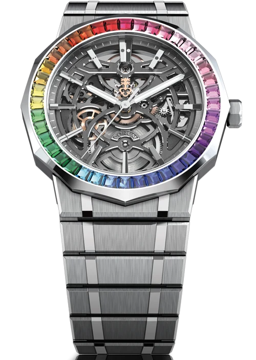 Admiral 39mm in Titanium with Rainbow Baguette Diamond Bezel on Titanium Bracelet with Skeleton Dial
