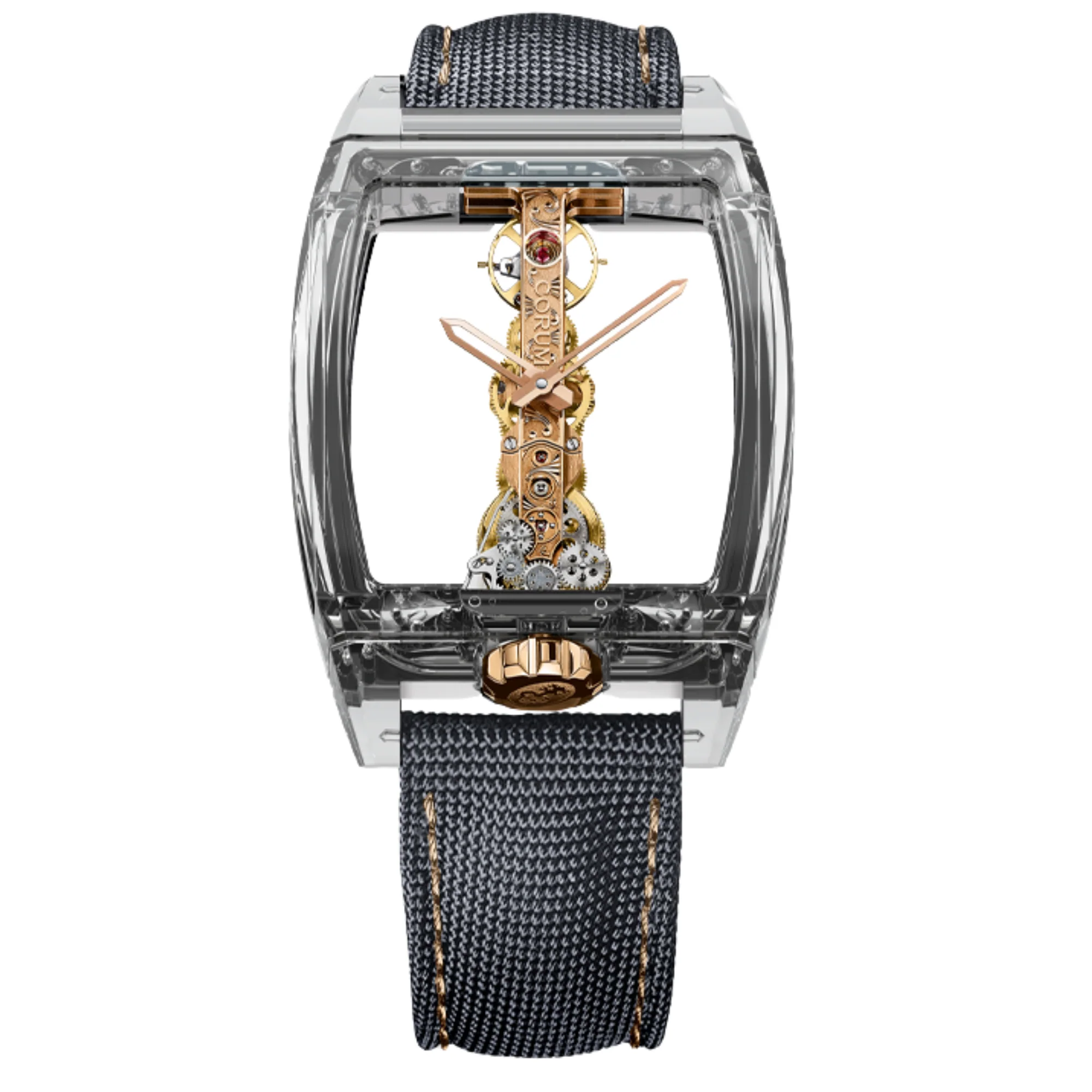 Golden Bridge in Sapphire Crystal on Grey Fabric Strap with Openwork Dial