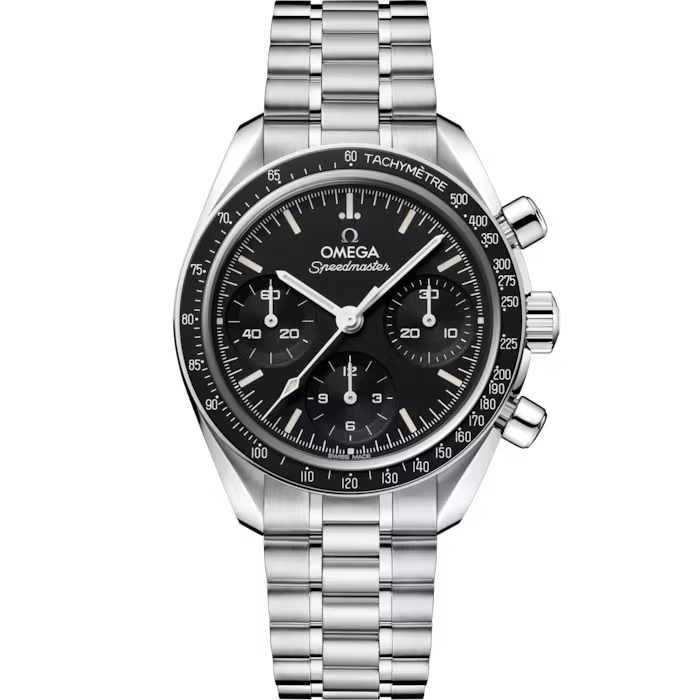 Speedmaster Reduced in Steel with Plastic Crystal on Steel Bracelet with Black Dial