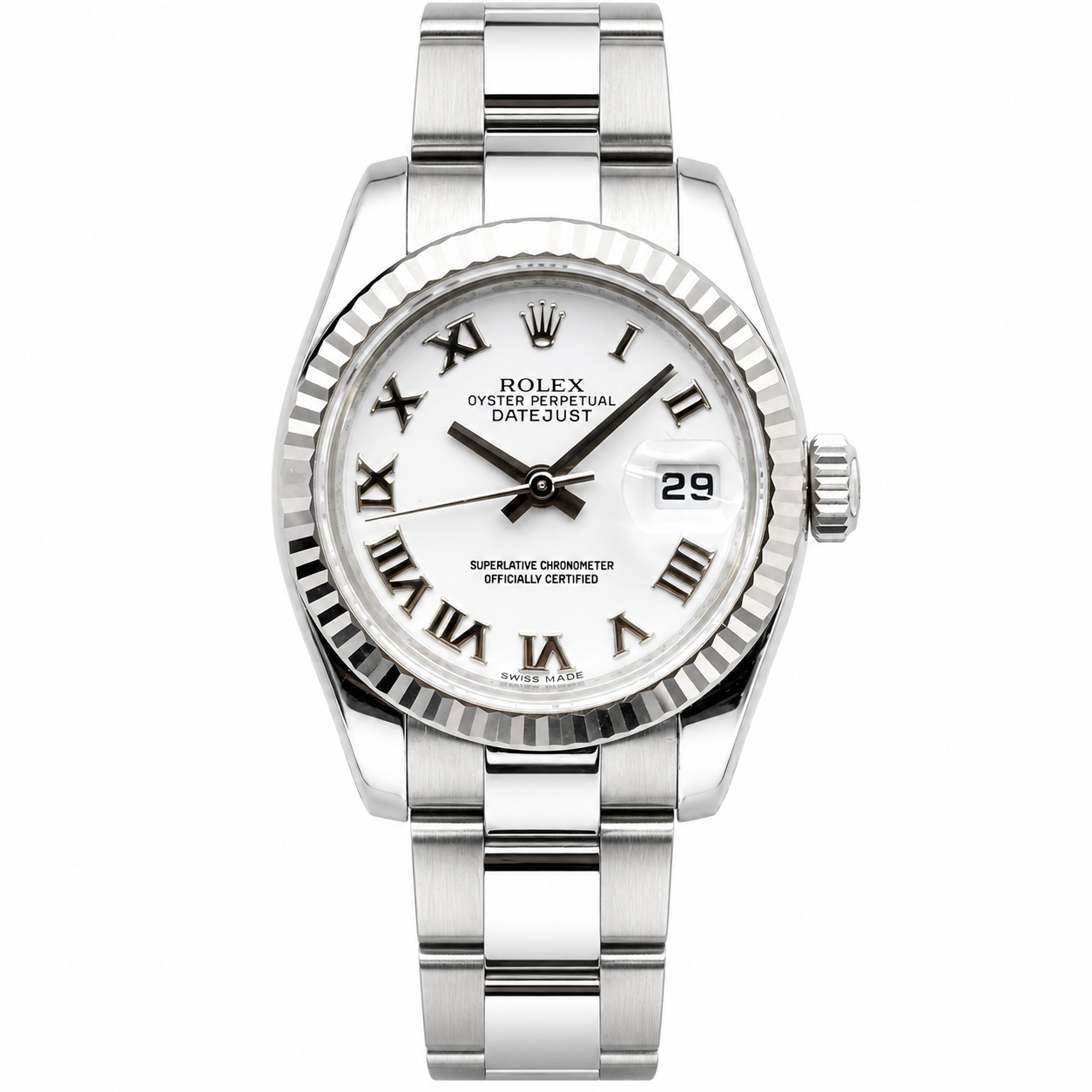 Datejust 26mm in Steel with Fluted Bezel on Bracelet with White Roman Dial