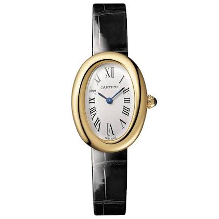 Baignoire Mini Model in Yellow Gold on Black Crocodile Leather Strap with Silver Dial