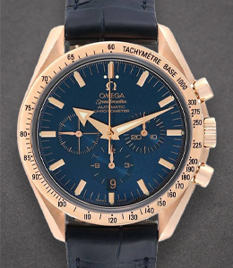 Speedmaster Broad Arrow Chronograph in Rose Gold on Black Crocodile Leather Strap with Blue Dial