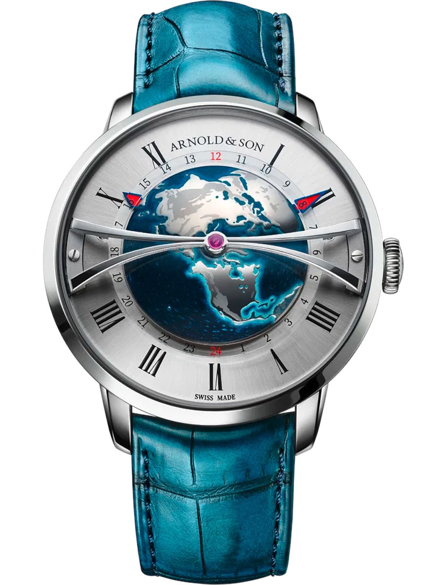 Globetrotter 45mm Automatic in Steel on Sky Blue Alligator Leather Strap with Blue Lacquered Dial