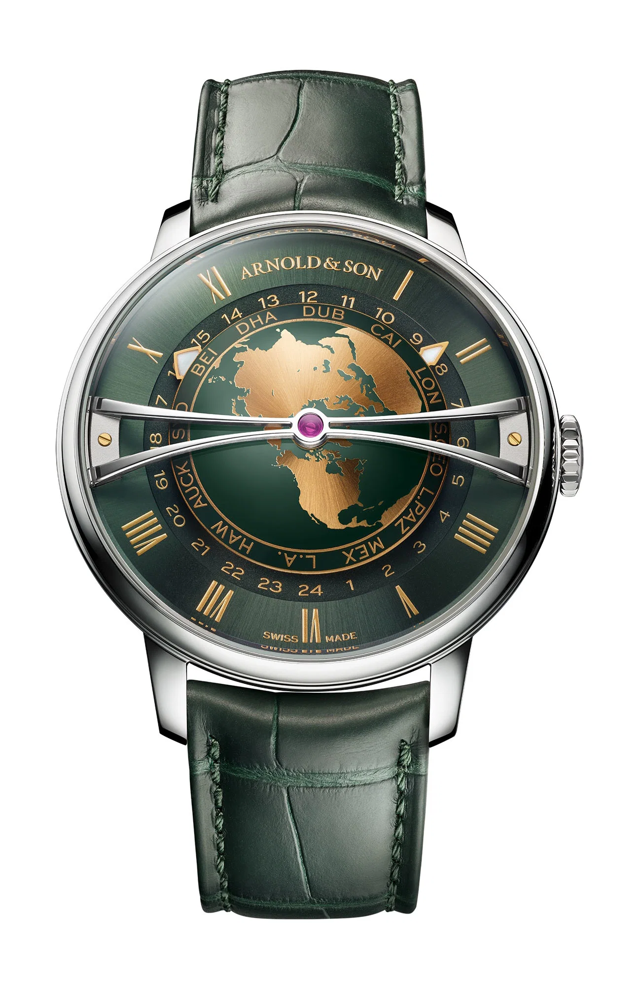 Globetrotter 42mm Automatic in Steel - L.E 88pcs on Green Alligator Leather Strap with Green Sunray Brushed Dial
