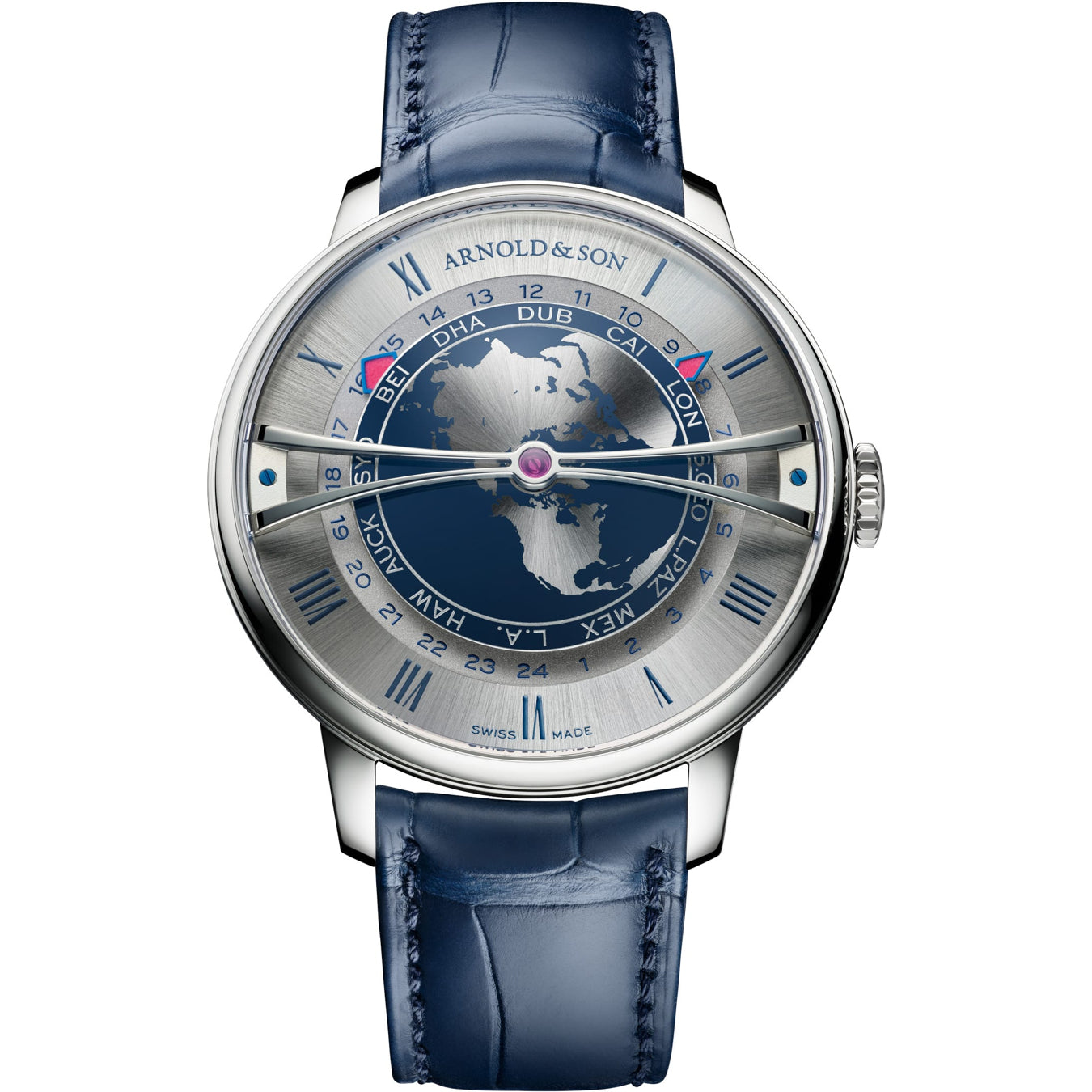 Globetrotter 42mm Automatic in Steel - L.E 88pcs on Blue Alligator Leather Strap with Silver Sunray Brushed Dial