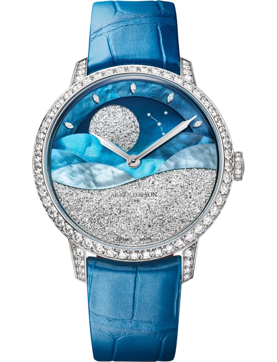 Perpetual Moon 38mm in White Gold with Diamond Bezel & Lugs  L.E 18 Piece on Blue Alligator Leather Strap with MOP Marquetry Dial