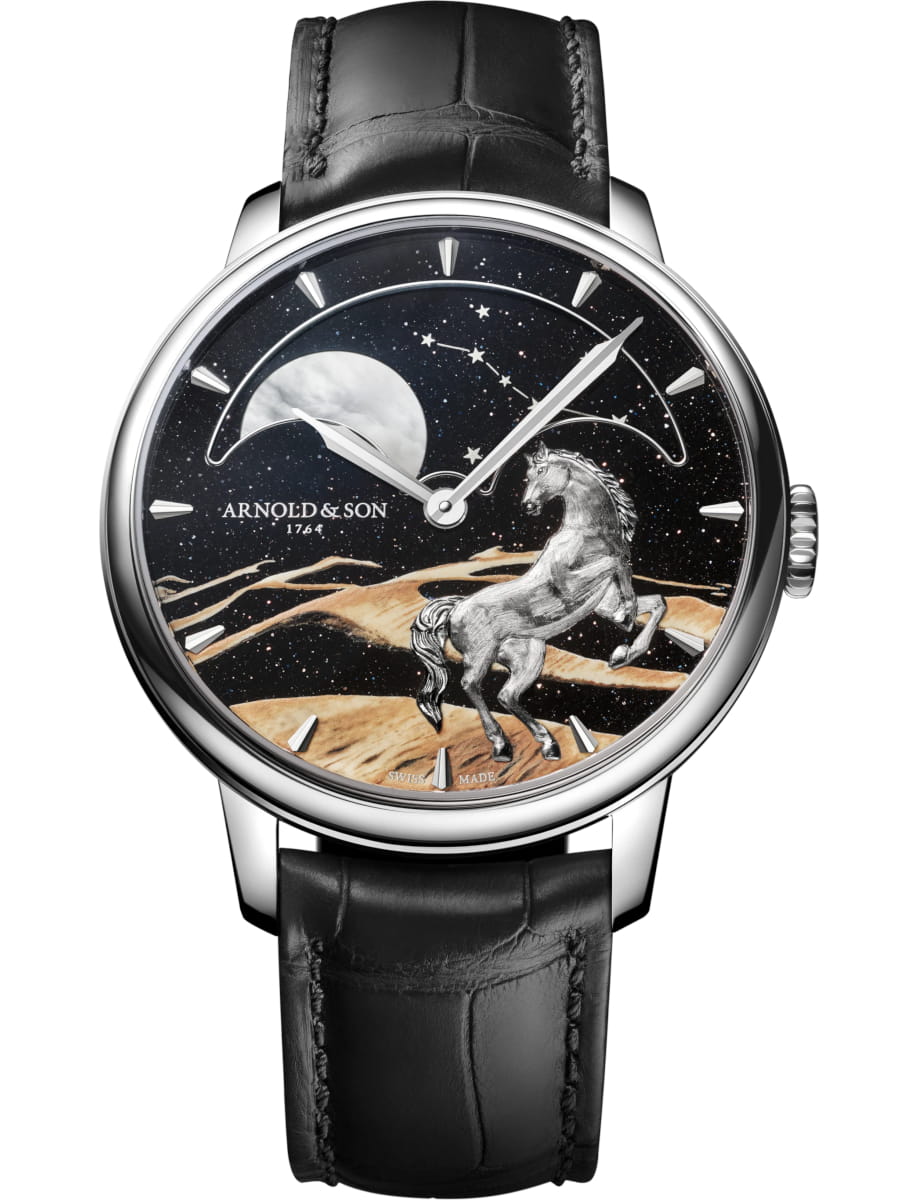Perpetual Moon 38mm Horse of the Dunes in Platinum - L.E 28 pcs on Black Alligator Leather Strap with Black Aventurine Dial