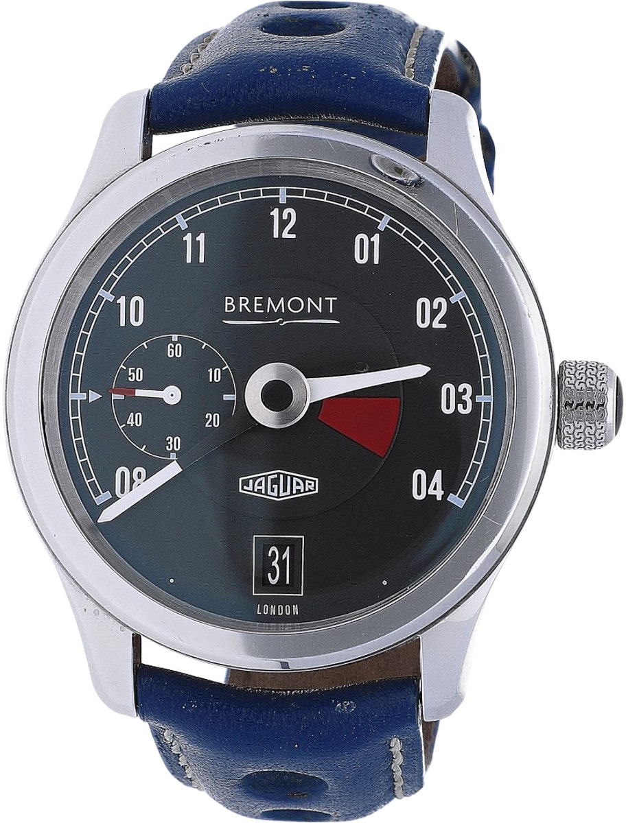 Bremont Jaguar MKI 43mm in Polished Steel on Blue Leather Strap with Black Dial