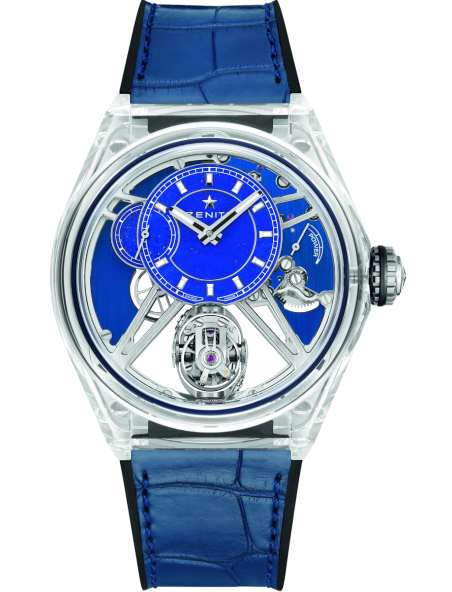 Defy Zero G Tourbillon 46mm in Sapphire Crystal - Limited 10 Pcs on Blue Alligator Leather Strap with Lapis Lazuli Dial